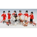 Collection of cold painted cast metal animals, huntsman, horses and hounds, together with six Bisque