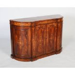 A Victorian walnut and marquetry bowfront credenza / sideboard, the richly figured walnut breakfront