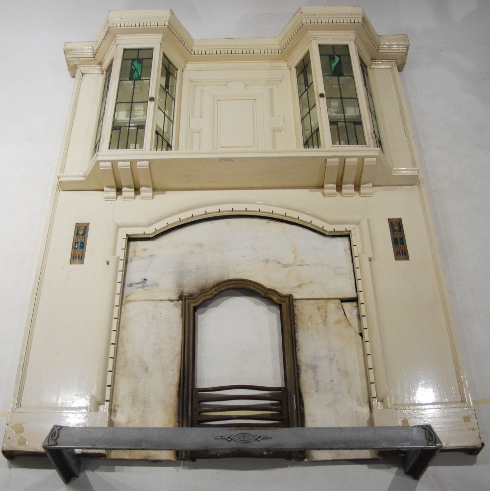 A Scottish Glasgow School Arts & Crafts painted wood, leaded glass and metal mounted fire surround - Image 9 of 12