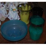 Large Vasart blue glass bowl, together with three Strathearn glass vases, one in black and green