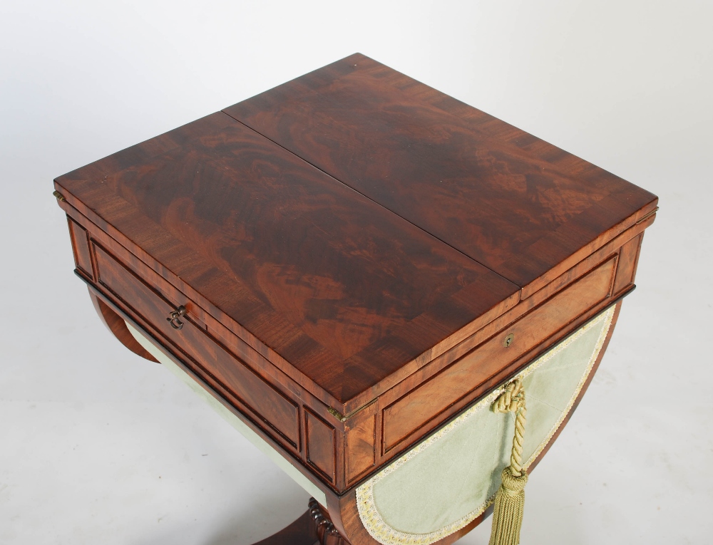 A 19th century mahogany drop leaf sewing / work table, the square top formed of two well figured - Image 2 of 8