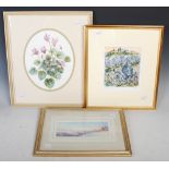 Three framed decorative framed watercolours, including an oval floral study of 'Cyclamen' by