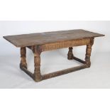 A late 17th century and later joined oak refectory table, the four-plank top above a carved egg