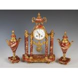 A late 19th century French gilt metal and marble clock garniture, the clock with circular enamel