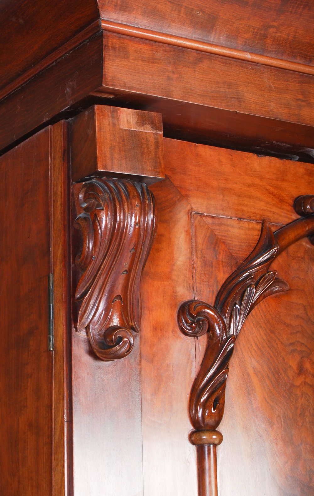 A late 19th century mahogany triple section wardrobe, with a rectangular cavetto pediment atop three - Image 2 of 6
