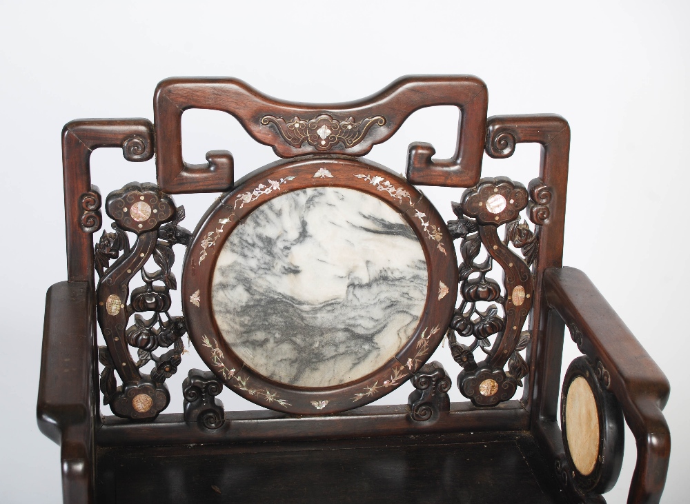 A Chinese carved darkwood and inlaid armchair, Qing Dynasty, the shaped back rail with two carved - Image 5 of 6