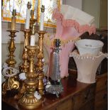 Group of nine assorted table lamps, including a pair of gilt gesso examples in the manner of