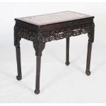 A Chinese carved darkwood altar /rectangular table, Qing Dynasty, the rectangular top inset with