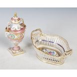 Dresden porcelain pink ground twin handled urn and cover, together with a Dresden porcelain cobalt