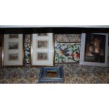 A group of five framed decorative pictures, including a pair of three framed Highlander prints, a