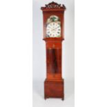 A 19th century Scottish mahogany longcase clock J. Brown, Kilmarnock, the caddy top hood with carved