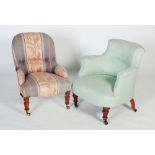 Two early 20th century upholstered chairs, both of round tub form, one in pink striped fabric and