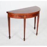 A 19th century mahogany demi lune folding card table, the hinged fold over top with a green felt