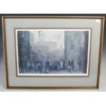 A lithograph after L S Lowry, A Street Scene with figures, mounted and framed, 52cm high x 68cm