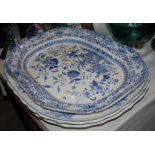 Pair of 19th century blue and white transfer printed floral ashets and meat dish, together with
