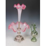 Early 20th century silver plated glass table centrepiece, in the form of a opaque pink trumpet
