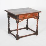 A late 17th century and later oak table, the plank top above two heavily moulded geometric pattern