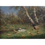 AR Constant David Ludovic Atrz (1870-1951) Duck and ducklings by the waters edge oil on canvas,