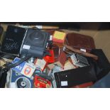 Box - vintage camera equipment and mixed collectables