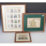 Three framed decorative maps and prints, including hand coloured 17th century engraved map of