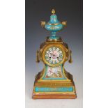 A 19th century French gilt metal and porcelain mounted mantle clock, the bleu celeste ground