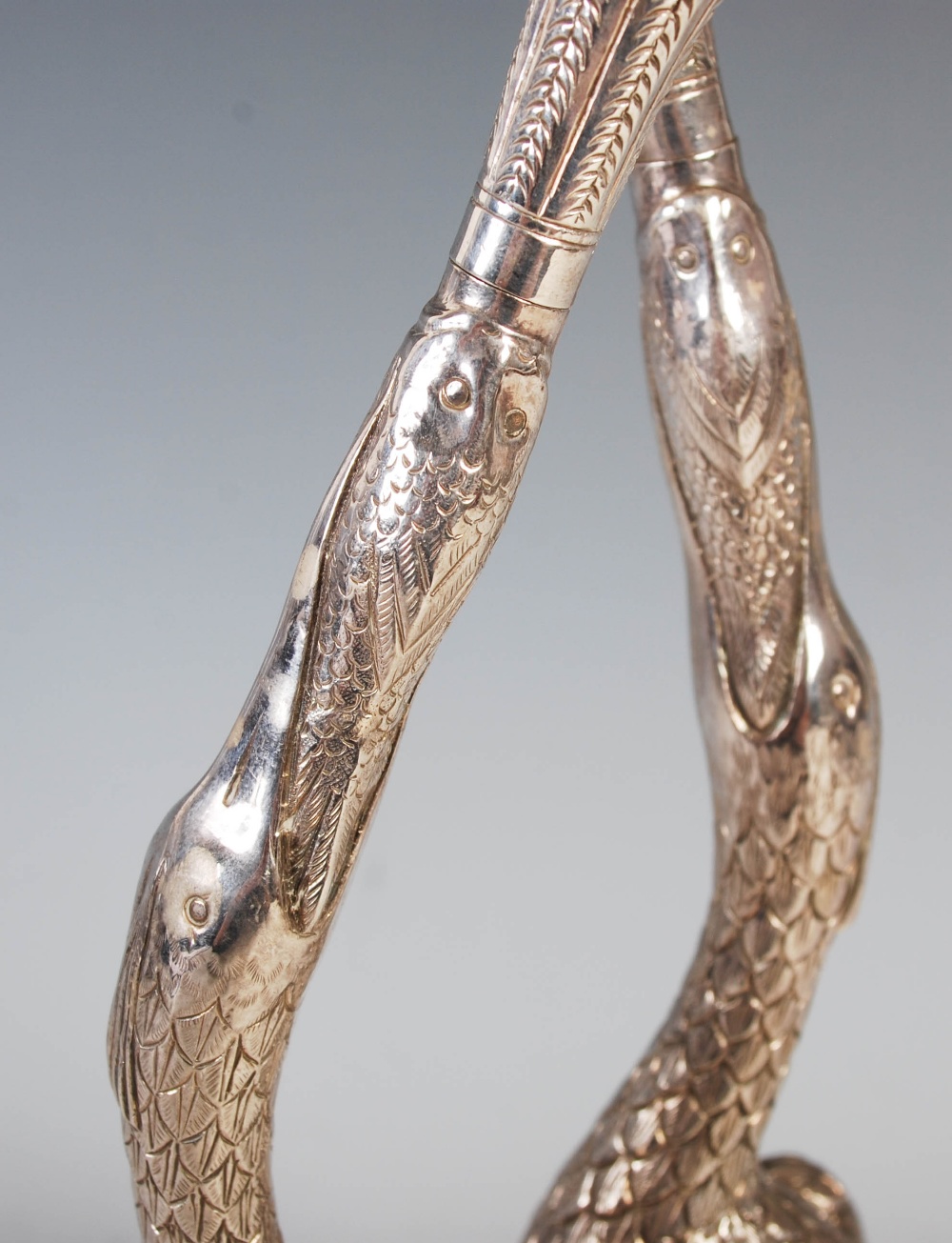 A pair of 19th century Indian silver rosewater sprinklers, modelled as cranes supporting - Image 3 of 5