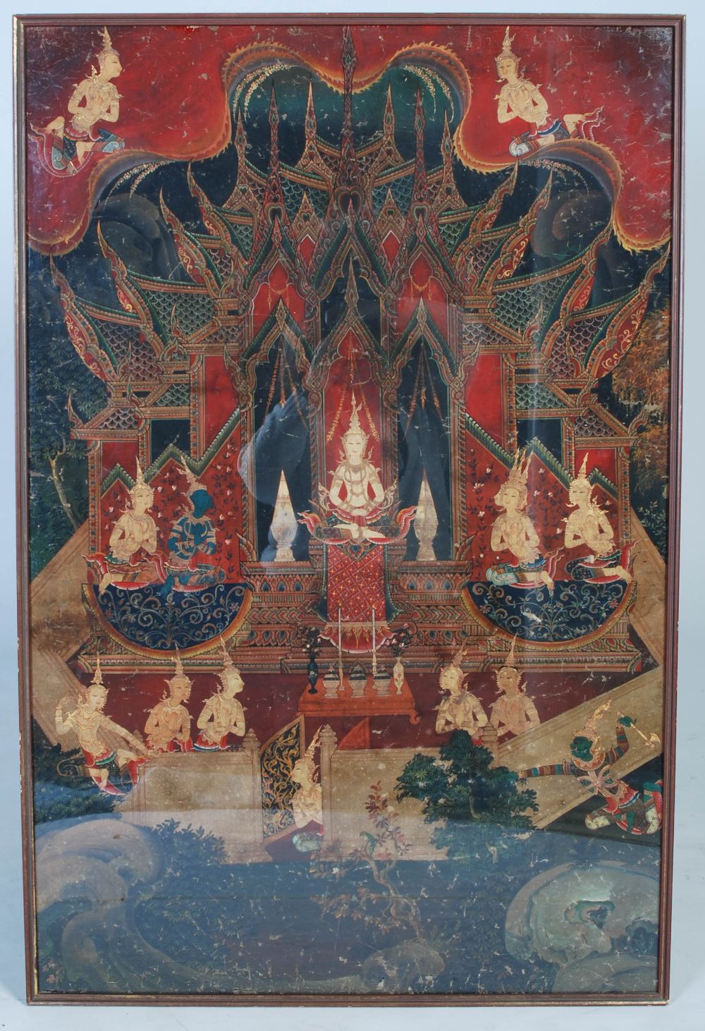 An early 20th century Siamese / Thai school Buddhist painted panel, probably a Thotsachat scene, - Image 2 of 5