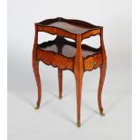 A 20th century French kingwood and mahogany marquetry etagere, in feather banded kingwood with