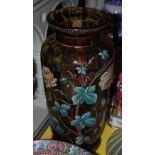 Large late 19th century painted glass vase, possibly Stourbridge, of fluted baluster form, the