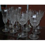 Set of Bohemia lead crystal wine goblets and flutes, in a strawberry cut and diamond hatched design,