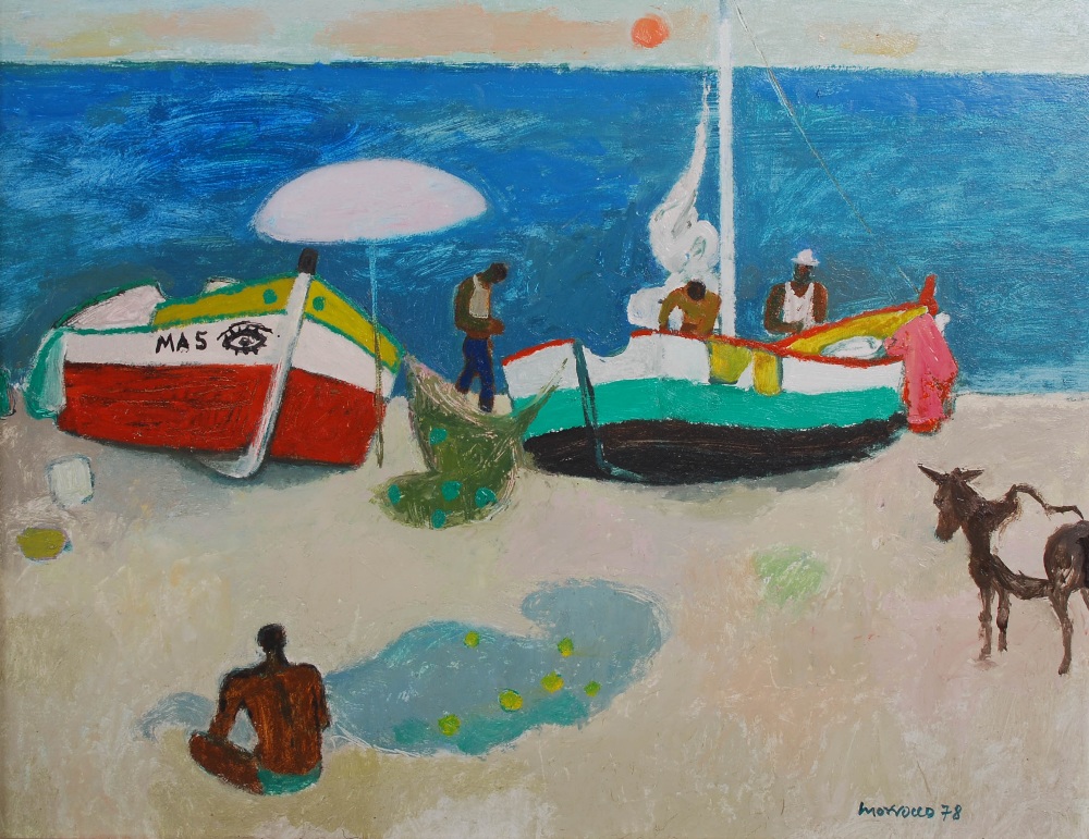 AR Alberto Morrocco OBE RSA RSW RP RGI LLD (1917-1998) Mending nets - Nerja oil on board, signed and