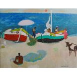 AR Alberto Morrocco OBE RSA RSW RP RGI LLD (1917-1998) Mending nets - Nerja oil on board, signed and