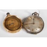 Yellow metal open faced pocket watch, with Roman numeral dial on engine-turned ground stamped '18k',