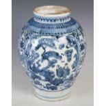Japanese blue and white Arita vase, Edo Period, decorated with panels of pine trees and figures on a