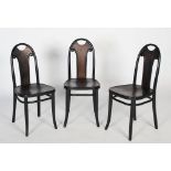 Set of three early 20th century Thonet bentwood ebonised chairs, the backs with Y-shaped scrolling