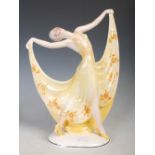 Early 20th century German Katzhutte Art Deco pottery figure of a dancer, numbered B73 with green cat