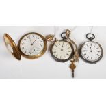 Three pocket watches, to include a yellow metal half hunter Elgin pocket watch with Arabic numeral