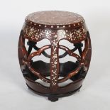 A Chinese marble topped mother-of-pearl inlaid carved darkwood barrel stool, Qing Dynasty, the