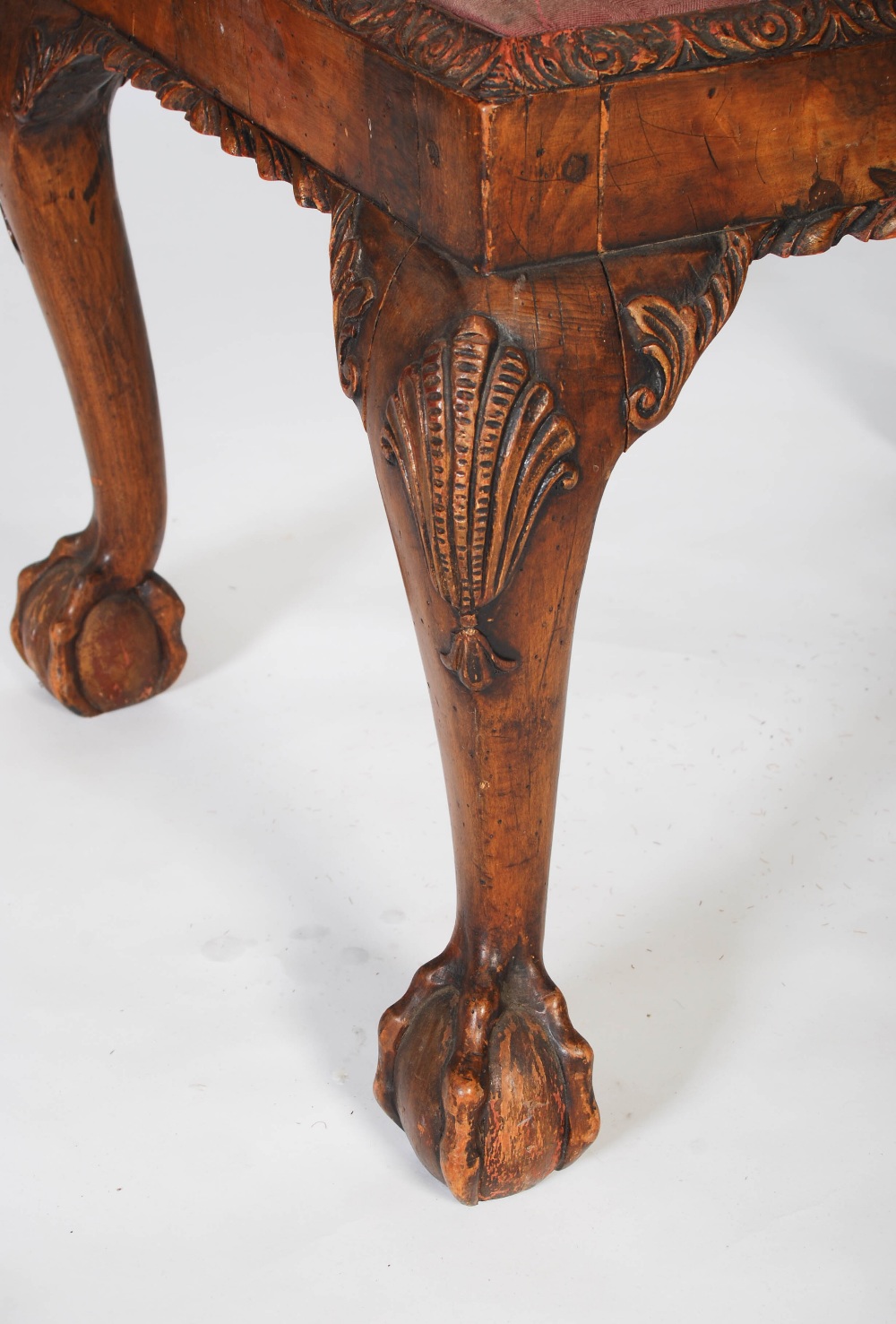 A pair of George II style walnut stools, the square cabriole legs carved with scalloped detail and - Image 2 of 6