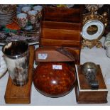 Group of wooden collectibles, including an early 20th century Sheraton style desk letter rack, a