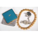 Vintage B.O.A.C. powder compact, together with yellow metal fringed costume jewellery necklace,