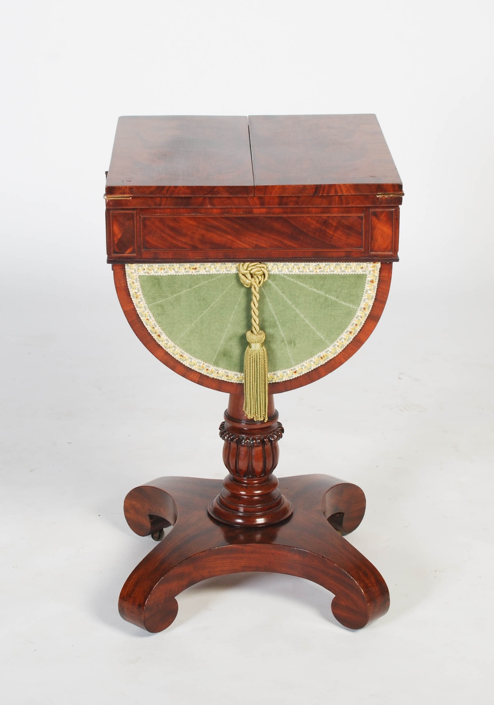 A 19th century mahogany drop leaf sewing / work table, the square top formed of two well figured - Image 8 of 8