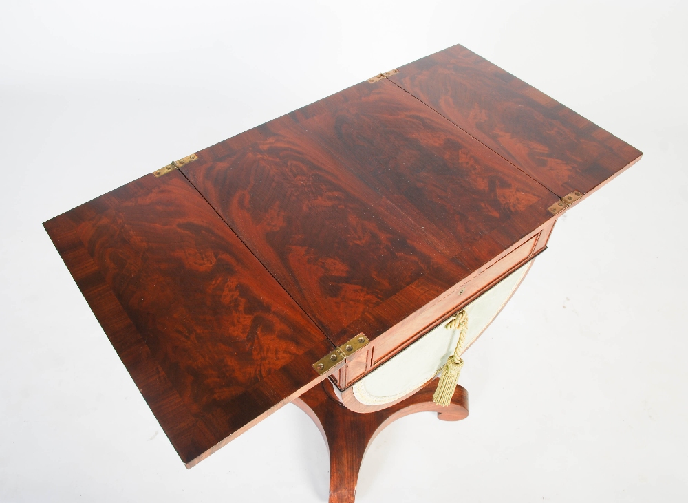 A 19th century mahogany drop leaf sewing / work table, the square top formed of two well figured - Image 6 of 8