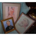 Three decorative framed portraits, including a chalk on paper of a bust of Sir D'Arcy Thompson,