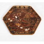 A Japanese lacquer tray, Meiji period, of hexagonal form, the raised rim decorated with scenes of