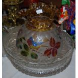 Late 19th/ early 20th century painted glass oil lamp shade, the top with yellow glass fluted and