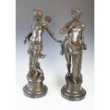 Pair of early 20th century bronzed figure groups of Art Nouveau style nymph and companion male