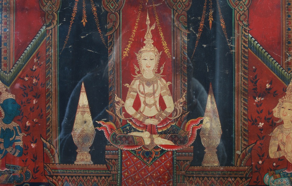 An early 20th century Siamese / Thai school Buddhist painted panel, probably a Thotsachat scene, - Image 3 of 5