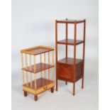 Two whatnots, one with two tiers and lower cupboard section in teak, the other with two tiers,