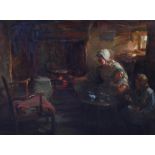 William Pratt (Scottish 1855 - 1936) Cooking on the range, Cottage interior scene oil on canvas,